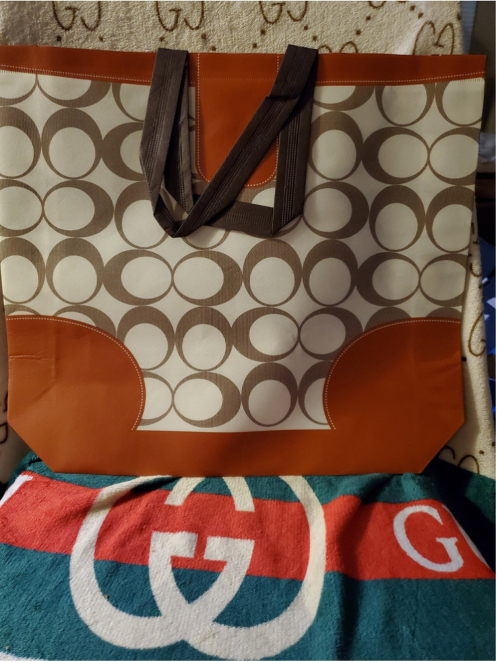 Reusable Coach fashionable Beige and Orange tote Bag